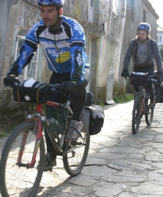 Pilgrims cycling in Santiago